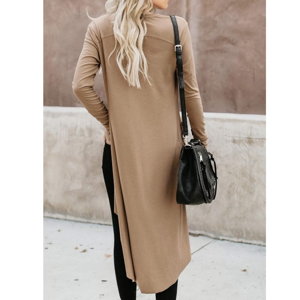 Long Ribbed Knit Cardigan Small S Open Sweater Midi Length Neutral Tan Rib
